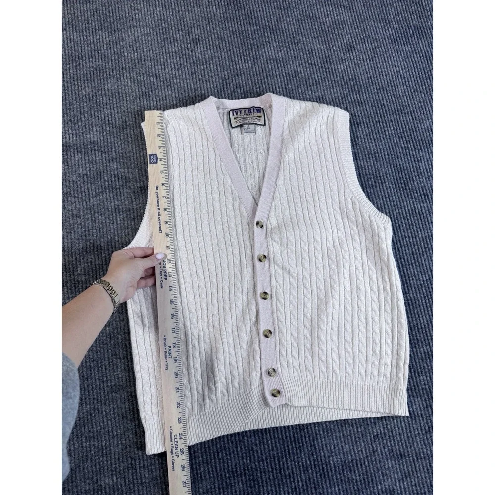 Vintage Ivy Crew White Cable-Knit Ramie Cotton Sweater Vest Button V-Neck Size L